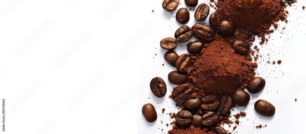 Leinwandbilder flat lay of ground coffee with coffee beans isolated on white background. copy space image. place fo