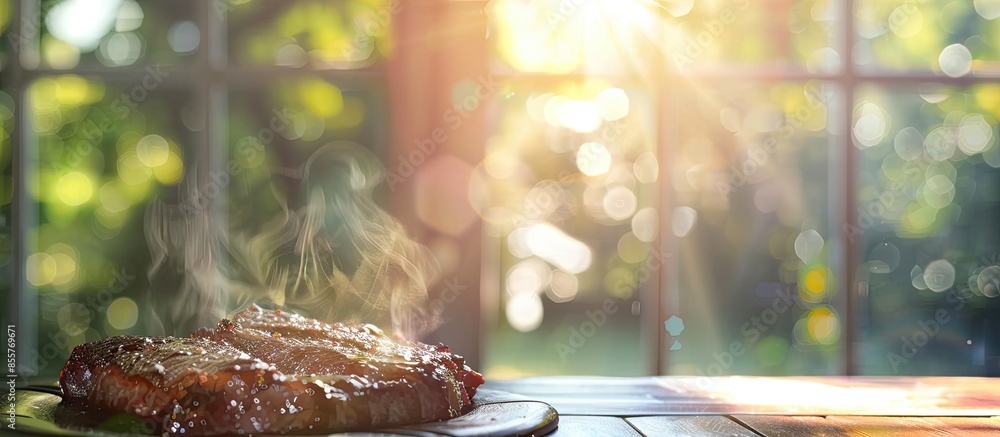Aufkleber blurred background of window and sunlight with steak . with copy space image. place for adding text 