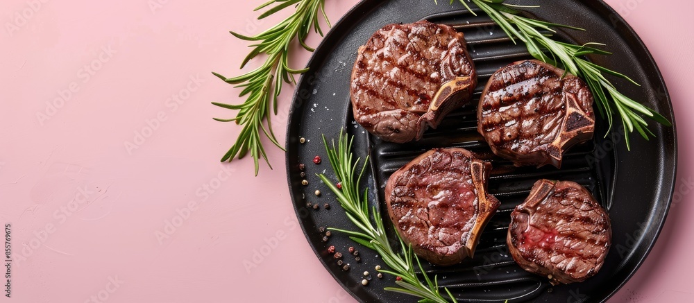 Poster fresh grilled bloody beef steaks on black grill plate isolated on pastel background. with copy space