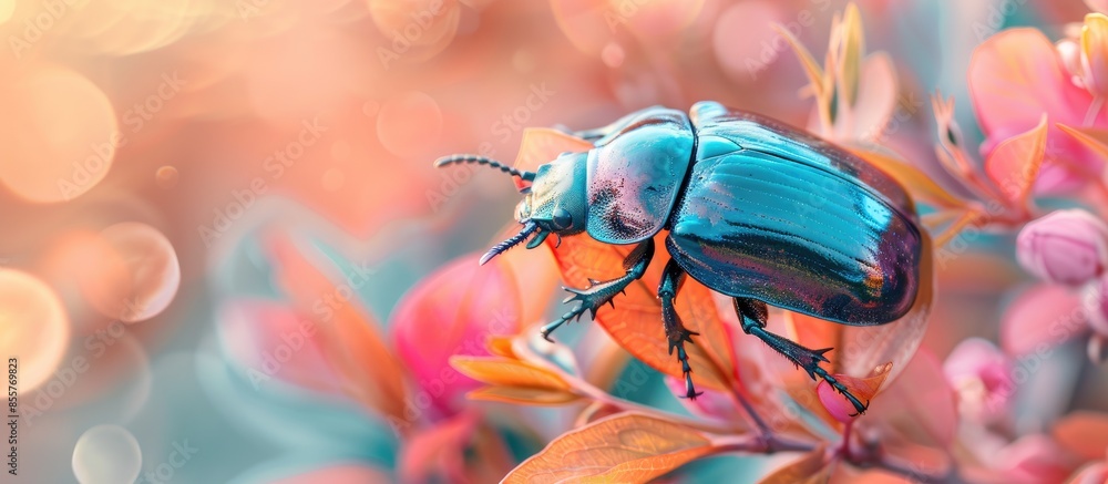 Aufkleber Scarab on tree leaf pastel background  Summer  Isolated. with copy space image. Place for adding text or design