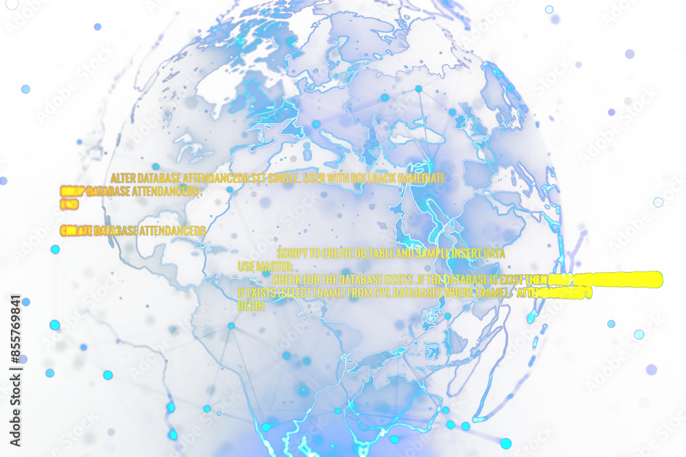 Poster Abstract concept involving a digital globe with coding and database instructions overlaid, all presented in a digital style on a bright, white background