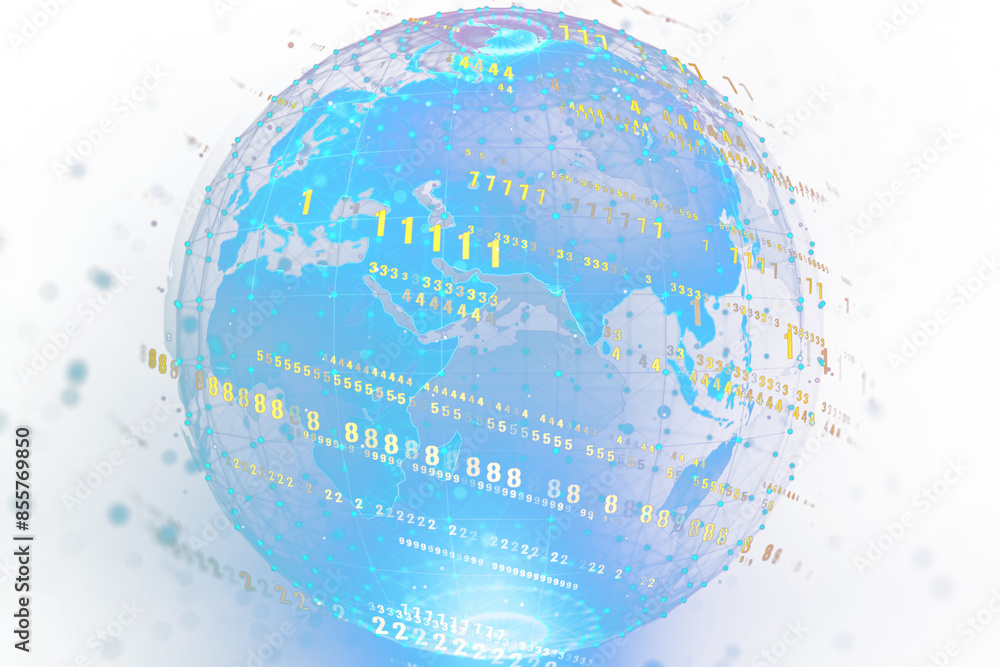 Poster A digital globe with numeric data visualizations, set against a white background, illustrating the concept of global information