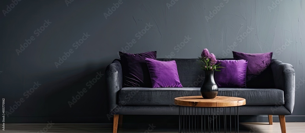 Aufkleber heather on wooden table next to grey settee with purple pillows in grey apartment interior. real pho