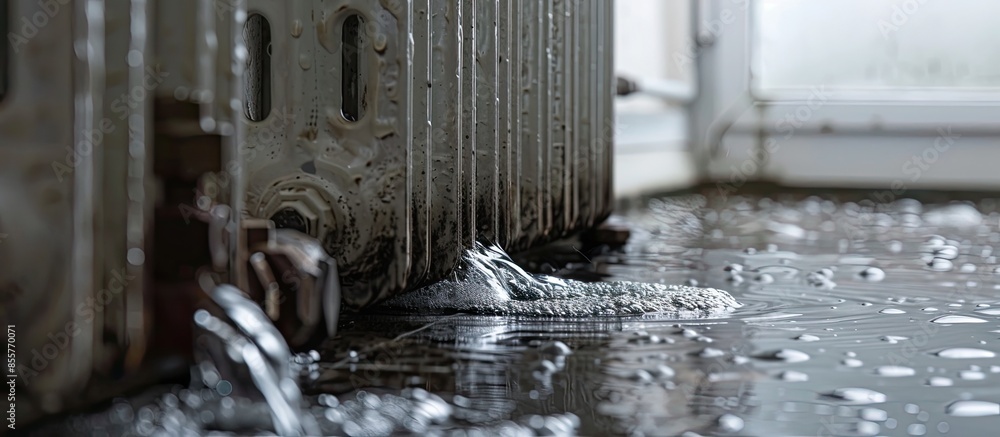 Poster water leak through the heating radiator. with copy space image. Place for adding text or design