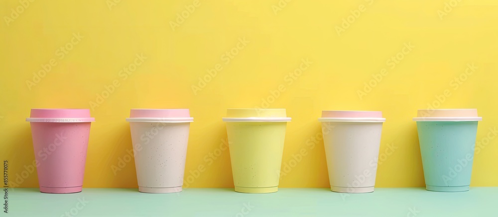 Poster Different disposable cups on yellowpastel background. with copy space image. Place for adding text or design