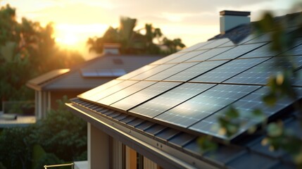 Fototapeta premium House rooftop modern solar panels on sunset eco-friendly suburban roof technology installation power system photovoltaic sustainable energy renewable
