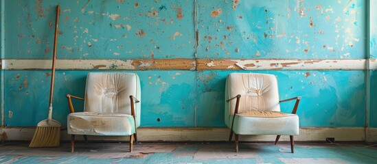 Motel room with broom in corner and two aqua and white vintage chairs pastel background. with copy space image. Place for adding text or design