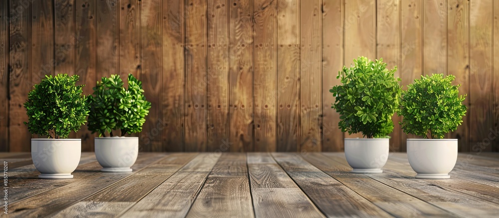 Leinwandbilder artificial trees, green shrubs in small white pots placed on the old brown wooden floors. with copy 