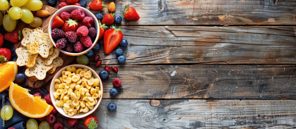 Leinwandbilder healthy snacks on wooden table with copy space, top view. copy space image. place for adding text or
