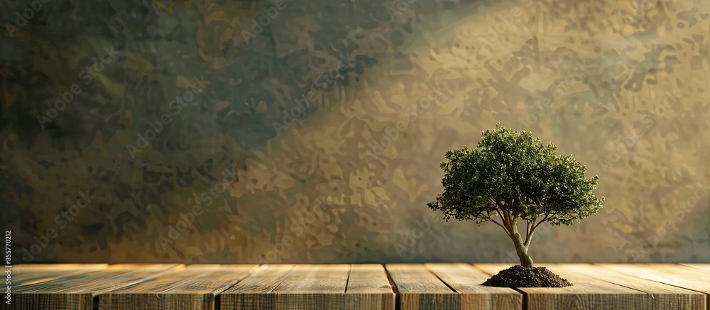 Poster small tree on wood table. with copy space image. Place for adding text or design