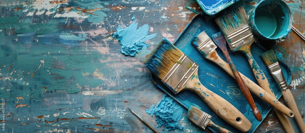 Poster house renovation tools. old used brushes and blue paint in paint tray. with copy space image. place 