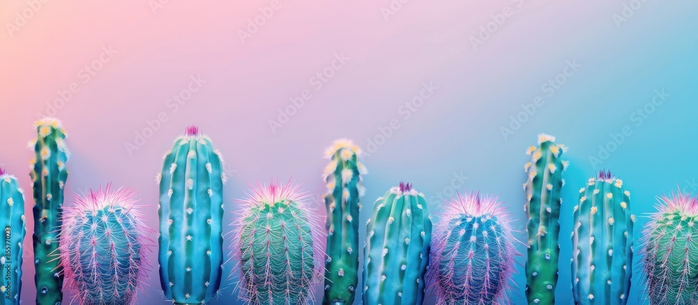 Poster fresh cactus group in flowers pastel background Group. with copy space image. Place for adding text or design