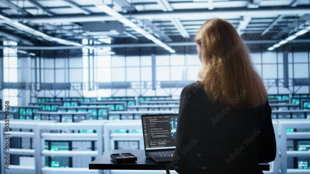 Fototapete Person in data center works with artificial intelligence technology simulating human brain. Woman working on digital device with AI machine learning algorithms using pattern recognition, camera B