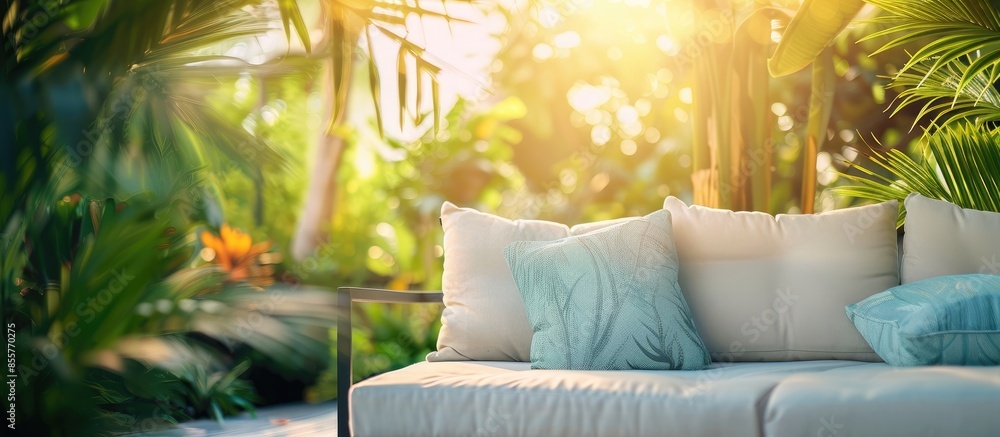 Poster comfortable pillow on sofa decoration outdoor patio with tropical and nature view. with copy space i