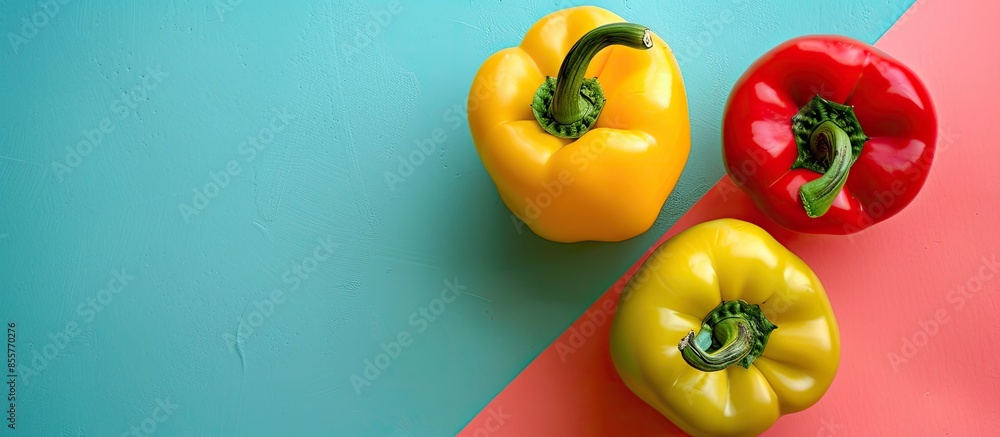 Poster Red and yellow bell pepper on a pastel background  Food. with copy space image. Place for adding text or design