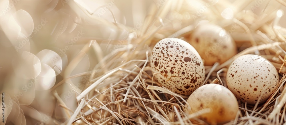 Aufkleber quail eggs in nests. Selective focus, toned photo pastel background. with copy space image. Place for adding text or design