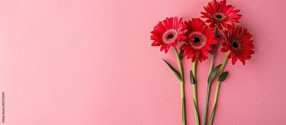 Poster bright and colorful bouquet of red gerberas pastel background. with copy space image. place for addi