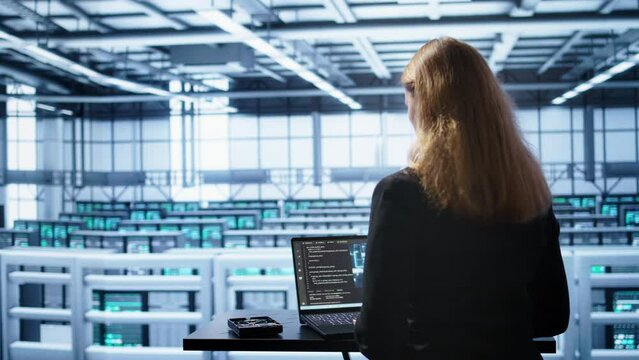 Person in data center works with artificial intelligence technology simulating human brain. Woman working on digital device with AI machine learning algorithms using pattern recognition, camera B - Powered by Adobe