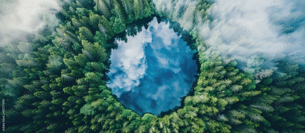 Poster vertical earth lake surrounded by alpine forest. eco image with cloud reflection resembling the plan