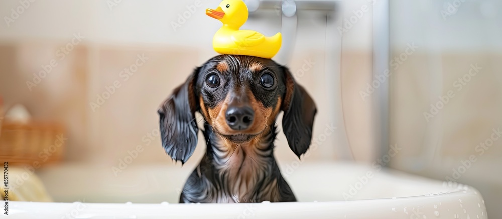 Poster dog puppy dachshund sitting in bathtub with yellow plastic duck on her head and looks up. with copy 