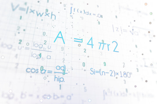 Mathematical equations and formulas on a white grid background, depicted in a realistic style, symbolizing the concept of education and scientific analysis