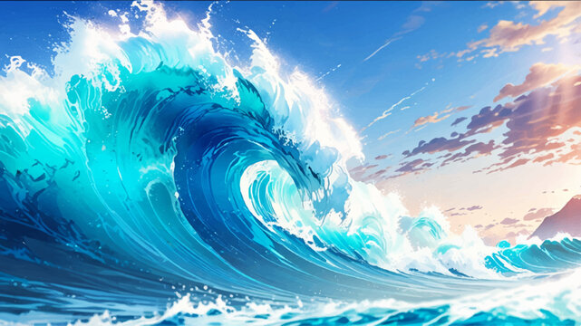 abstract soft blue and white abstract water color ocean wave texture background .Fluid blue ocean wave layer Tsunami wave background in flat cartoon style. Big blue tropical water splash.	