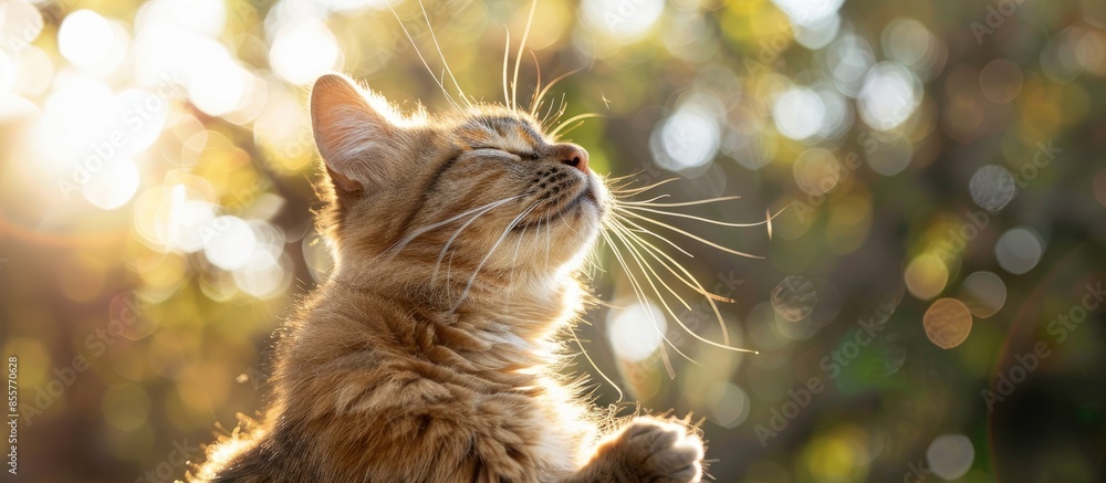 Aufkleber cat sitting in the sun and cleaning herself. with copy space image. place for adding text or design