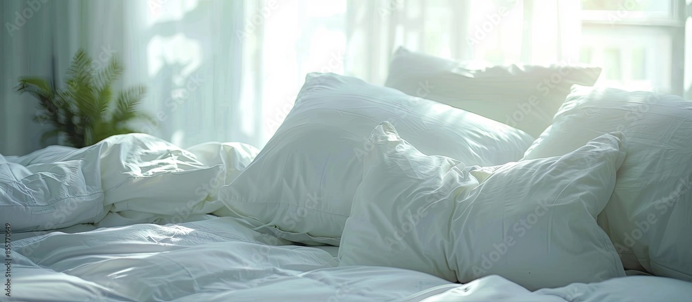Aufkleber White pillows on bed in room. with copy space image. Place for adding text or design