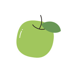 Fresh apple and leaves, natural organic snack, healthy vitamin food, whole ripe fruit with stem, natural ripe eating food, garden fruit flat vector illustration.
