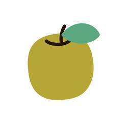 Fresh apple and leaves, natural organic snack, healthy vitamin food, whole ripe fruit with stem, natural ripe eating food, garden fruit flat vector illustration.
