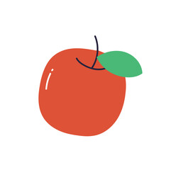 Fresh apple and leaves, natural organic snack, healthy vitamin food, whole ripe fruit with stem, natural ripe eating food, garden fruit flat vector illustration.
