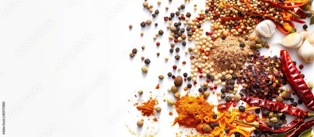 Poster Various dried Indian spices and chilies . with copy space image. Place for adding text or design
