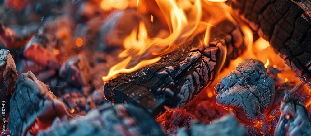 Poster flames burning a bonfire with coals, fireplace, close-up. with copy space image. place for adding te