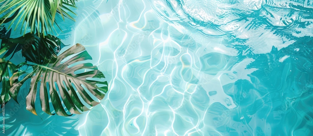 Poster tropical palm leaf on the edge of the pool. exotic summer scene. minimal vacation concept. flat lay,