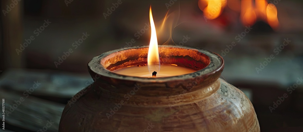 Poster close up shot of fire burning candle in ceramic pot. with copy space image. place for adding text or