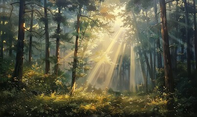 Fototapeta premium Enchanted forest sunlight breaking through trees