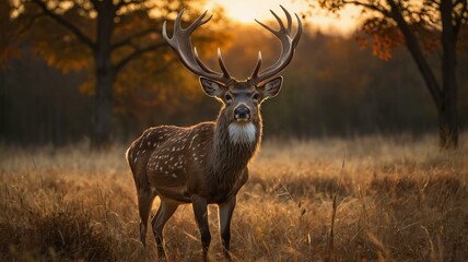 Large majestic deer with impressive antlers stands in field of tall grass. Warm golden light of setting sun bathes scene in soft, ethereal glow
