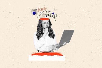 Composite photo collage of minded businesswoman cut head hold laptop device think concept unsure...