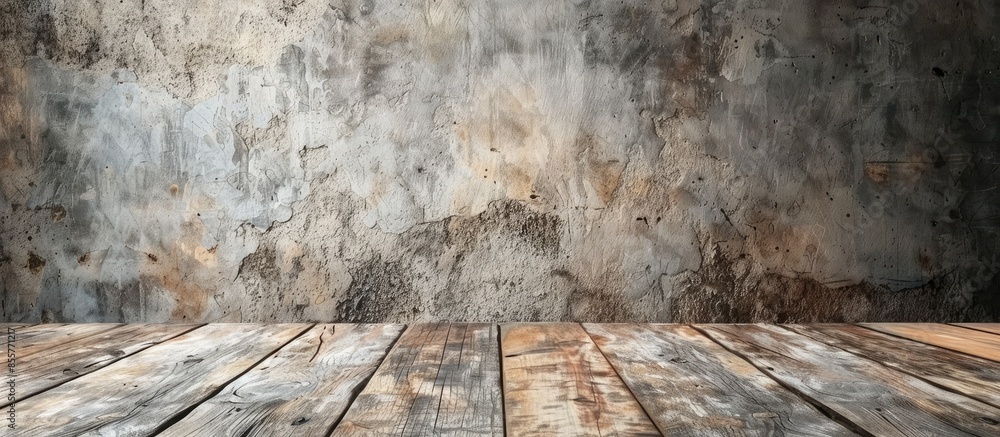Poster empty diagonal wood plank table top with grunge concrete wall,mock up for display or montage of prod