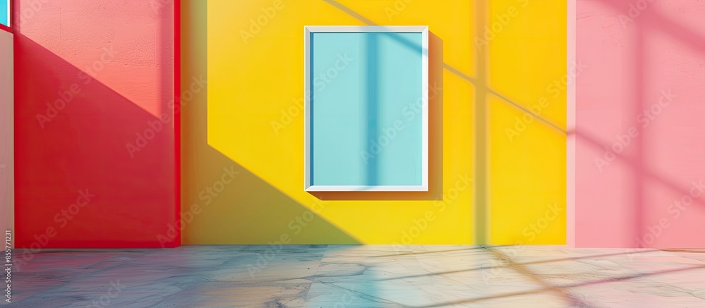 Poster The bright colored walls and the empty frame on it. with copy space image. Place for adding text or design