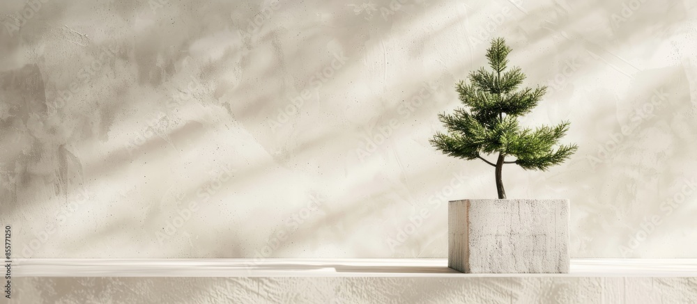 Poster flower cube of concrete with a decorative pine tree. with copy space image. place for adding text or