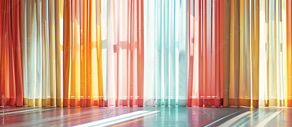 Poster room window with colorful striped curtains. with copy space image. place for adding text or design