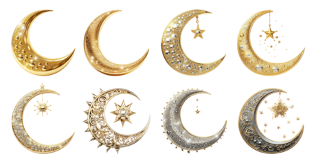 Gold crescent moon png cut out element set