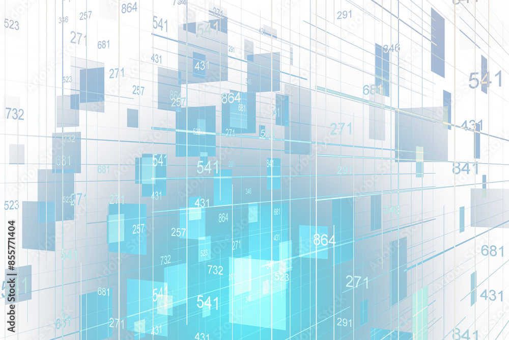 Poster Abstract digital blue and white blocks with numbers, depicting data analytics or a futuristic interface on a transparent background