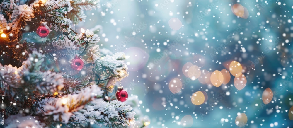 Poster blurred christmas tree, snow, christmas, background. copy space image. place for adding text or desi