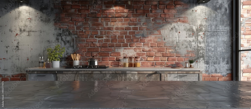 Poster Empty space on the kitchen counter and brick wall. with copy space image. Place for adding text or design