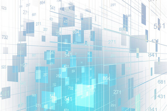 Abstract digital blue and white blocks with numbers, depicting data analytics or a futuristic interface on a transparent background