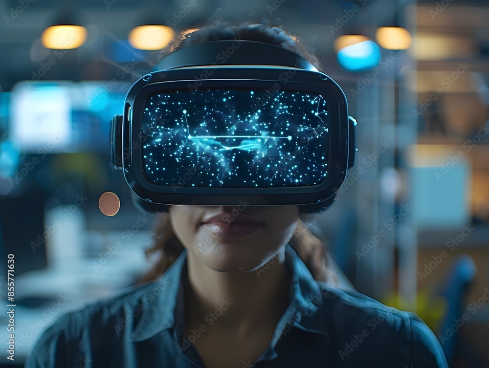 Poster businessperson exploring innovative virtual workspace in modern tech driven office setting