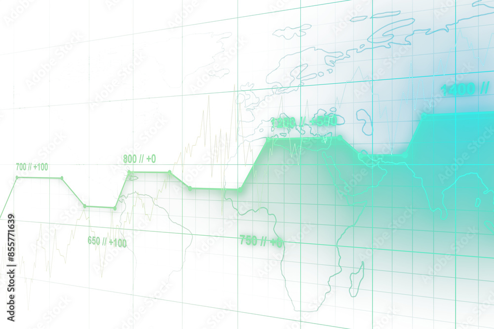 Poster abstract financial chart with world map on a white and green gradient background, representing globa