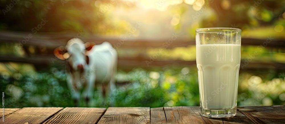 Aufkleber fresh milk in glass on dark wooden tabletop and blurred landscape with cow on meadow. healthy eating